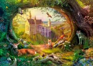 Fairy tale castle and forest magic palapeli 1000 palaa Schmidt palapeli kuvitus Lars Stewart