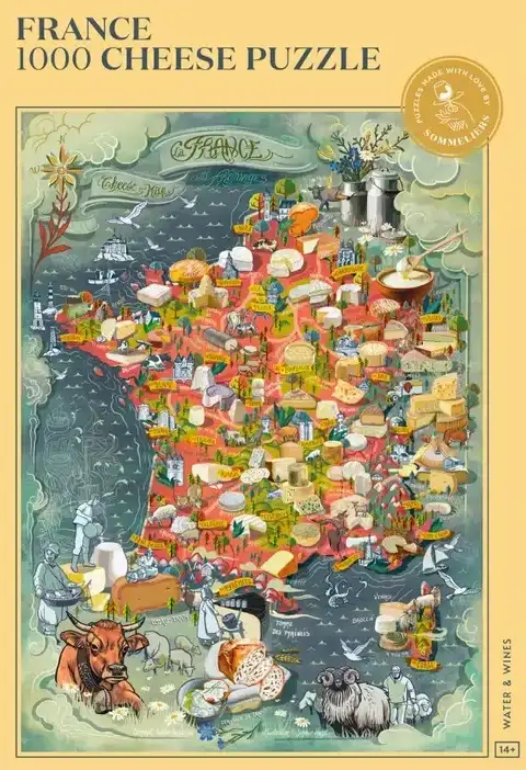 Water & Wines French Cheese palapeli 1000 palaa juustopalapeli. Kuvitukset: Sophie Haza.