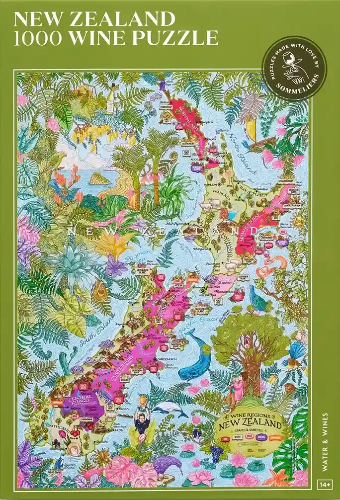 Water & Wines New Zealand palapeli 1000 palaa on opetustaulumainen viinipalapeli, karttapalapeli