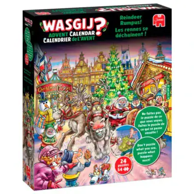 Wasgij joulukalenteri Reindeer Rumbus sisältää 24 minipalapeliä, joissa kussakin on 54 palaa. Vuoden 2025 Wasgji palapelijoulukalenteri