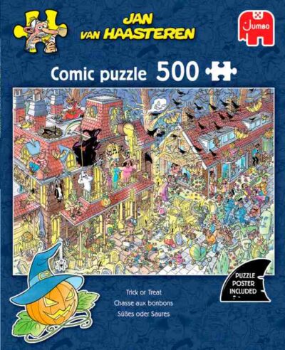 Jan van Haasteren Trick or treat 500 palan palapeli on Wilma van den Bosch'n kuvittama karkki vai kepponen -palapeli. Halloween-palapeli