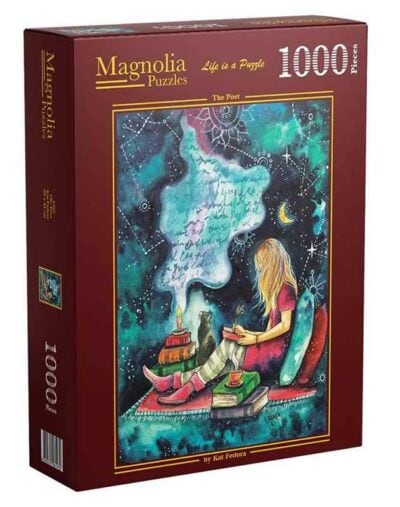 Magnolia The Poet palapeli 1000 palaa on Kat Fedoran kuvittama kuva tytöstä, joka kirjoittaa runoa tähtitaivaan alla.