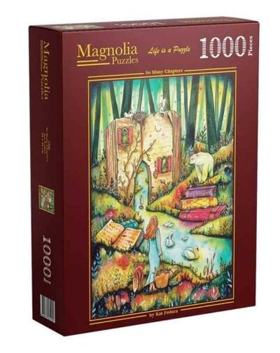 Magnolia So many Chapters palapeli 1000 palaa on Kat Fedoran kuvittama fantasiapalapeli mutta myös ihana kuvaus luonnosta ja kirjoista.