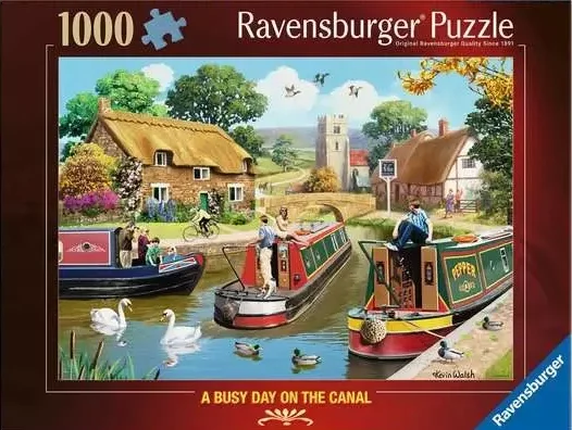 Busy Day on the Canal palapeli 1000 palaa on Ravensburgerin maalaismaisemapalapeli. Kuvitus Kevin Walsh