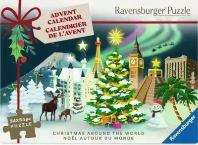 Ravensburger palapelijoulukalenteri 2025 aiheena kaupungit, nähtävyydet ja maat ympäri maailman.