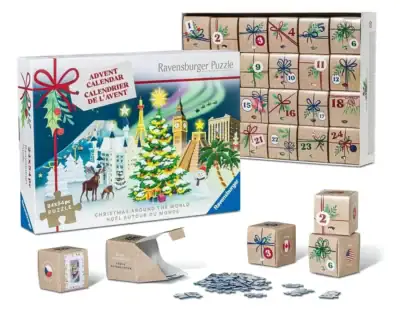 Ravensburger palapelijoulukalenteri aiheena kaupungit, nähtävyydet ja maat ympäri maailman.