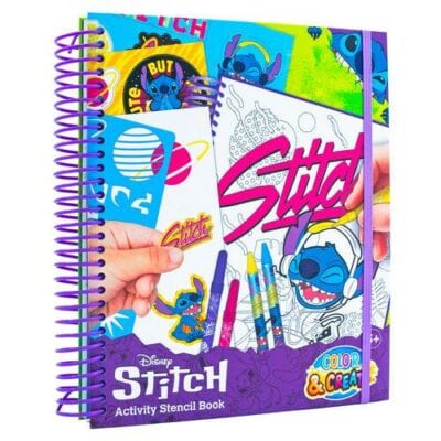 Disney Stitch puuhakirja ja värityskirja, jossa kynät, sabluunat ja tarrat