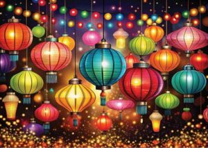 Yazz Colorful Lights palapeli 1000 palaa on tunnelmallinen ja värikäs kuva paperilyhdyistä.