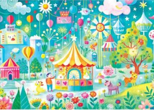 Yazz Colorful Town palapeli 1000 palaa on värikäs fantasiamainen kaupunkimaisema, joka muistuttaa tivolia.