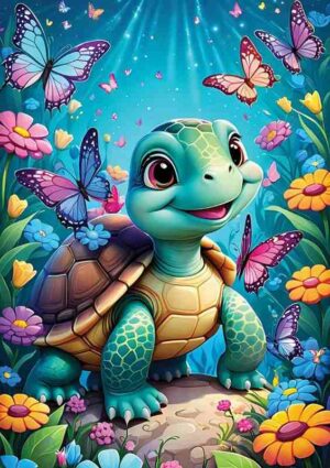 Yazz Turtle palapeli 1000 palaa, jossa suloinen kilpikonna tallustelee kukkien joukossa.