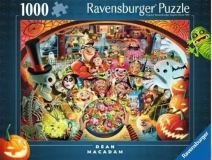 Dean MacAdam Trick or Treat palapeli 1000 palaa on värikäs halloween-palapeli, jossa Dean MacAdamille tyypilliset hahmot ovat kokoontuneet karkki vai kepponen -juhlaan.
