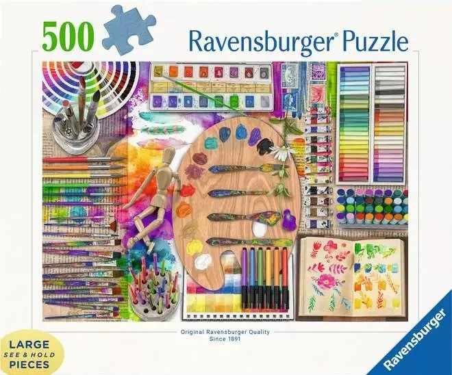 The Artist's Palette palapeli 500 palaa on tavallista suuremmilla paloilla. taidetarvikkeet palapeli