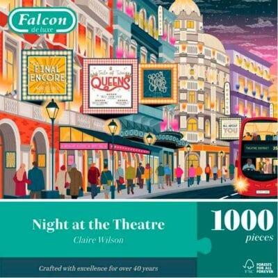 Night at the Theatre palapeli 1000 palaa on Claire Wilsonin kuvittama katunäkymä Lontoon teatterialueelta.