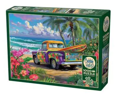 Cobble Hill Aloha palapeli 1000 palaa vie sinut aurinkoiselle rannalle, jonne värikäs pick up -on ajanut surffilauta lavallaan