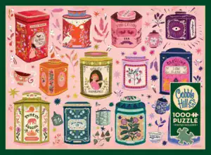 Tea Tin Treasures palapeli 1000 palaa esittelee peltipurkkien aarteet. cobble hill palapeli