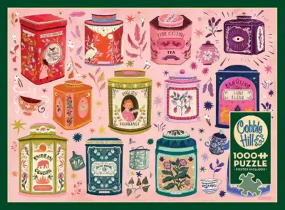 Tea Tin Treasures palapeli 1000 palaa esittelee peltipurkkien aarteet. cobble hill palapeli