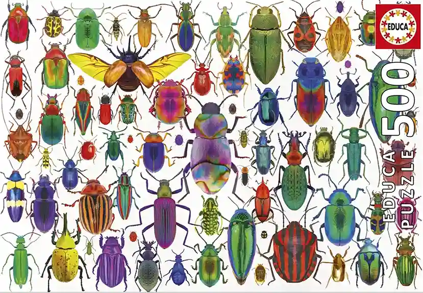 Beetles palapeli 500 palaa on Educan koppakuoriaiset-palapeli. Värikkäät hyönteiset on kuvattu kuin opetustaulussa Lars Stewart