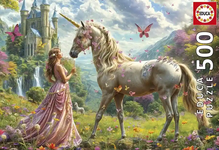 Fairies Unicorns and Butterflies palapeli 500 palaa on fantasiapalapeli, jossa yksisarvinen ja nuori nainen