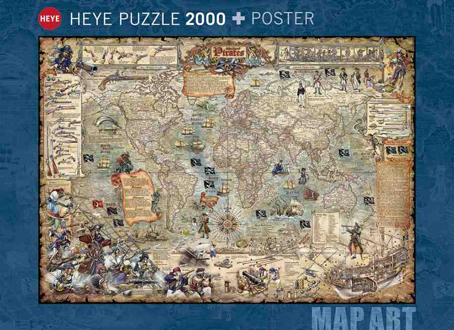 Heye Pirate World palapeli 2000 palaa on merirosvoaiheinen karttapalapeli, jossa vanha maailmankartta, kuvia vanhoista aseista, laivoista ja merirosvoista