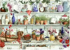 Posies & Produce palapeli 500 palaa on House of Puzzles (HOP) kukka-aiheinen palapeli, jonka on kuvittanut Tracy Hall.
