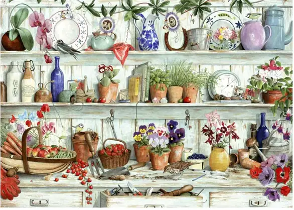 Posies & Produce palapeli 500 palaa on House of Puzzles (HOP) kukka-aiheinen palapeli, jonka on kuvittanut Tracy Hall.