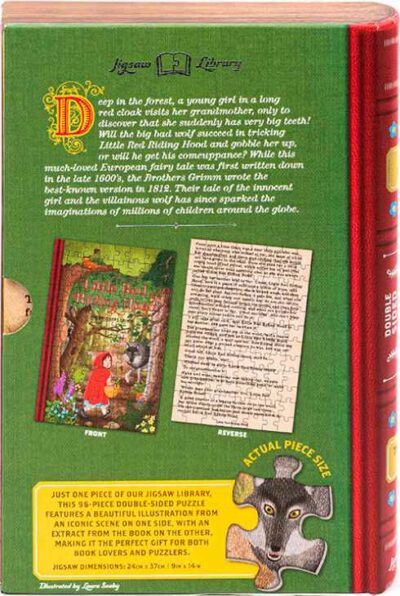 Little Red Riding Hood palapeli 96 palaa on Professor Puzzlen palapeli, joka on pakattu kirjan malliseen rasiaan. Kirjapalapeli Punahilkka