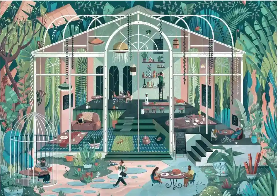 Cafe in the Jungle palapeli 1000 palaa on kuvittanut Eor Glas Studio.