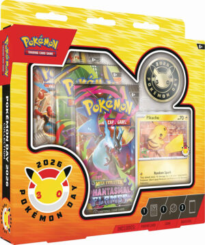 Pokemon Day Collection Box sisältää 3 Booster pakkaa eri laajennuksista, kolikon ja erikoispromokortin Pikachusta.