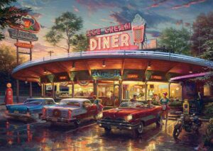 American Diner palapeli 1000 palaa on Blend Cotan kuvittama jenkkiauto-aiheinen kahvilapalapeli. Schmidt spiele