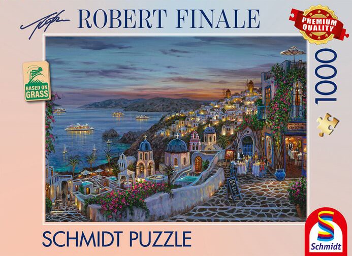 Santorini sunset palapeli 1000 palaa on Robert Finalen kuvittama maisemapalapeli, jonka kuvassa Santorini kylpee iltavalaistuksessa.