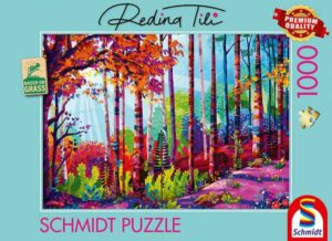 In the heart of the forest palapeli 1000 palaa on Redina Tilin kuvittama värikäs koivikkopalapeli ja taidepalapeli.