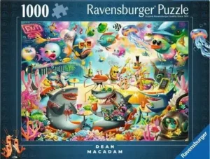 Ocean Lounge palapeli 1000 palaa on Dean MacAdamin kuvittama Ravensburgerin tammikuu 2026 uutuus.  huumori palapeli