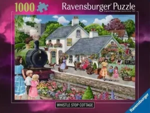 Whistle Stop Cottage palapeli 1000 palaa on Ravensburgerin nostalgia-aiheinen maisemapalapeli ja junapalapeli kuvitus Debbie Cook