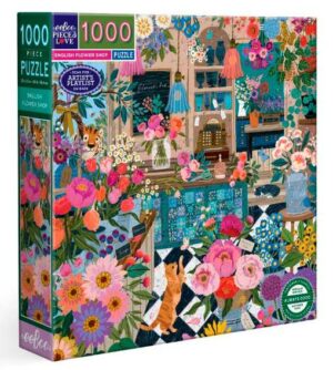 eeBoo English Flower Shop palapeli 1000 palaa on kukkakauppapalapeli, jonka on kuvittanut Victoria Ball.