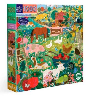 eeBoo English Pastures palapeli 1000 palaa on eläimet laitumella -aiheinen palapeli, jonka on kuvittanut Victoria Ball.