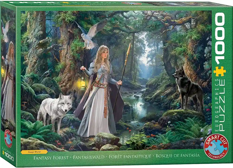 Fantasy Forest palapeli on 1000 palan fantasiapalapeli, jossa nainen kulkee metsässä susien kanssa. Eurographics palapeli