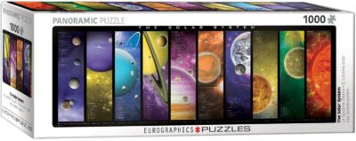 The Solar System palapeli 1000 palaa on panoraamamallinen kollaasi aurinkokunnan planeetoista. Aurinkokunta palapeli Eurographics