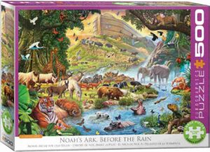 Noah's Ark Before the Rain palapeli 500 palaa on näkymä, jossa eläimet nauttivat vedestä ja luonnosta. Kuvitus Steve Crisp.