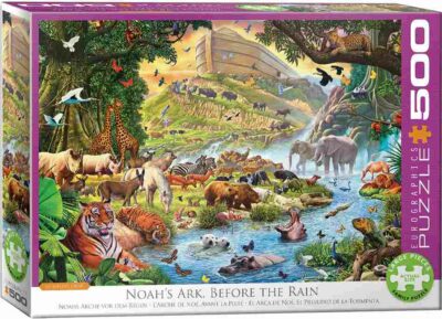 Noah's Ark Before the Rain palapeli 500 palaa on näkymä, jossa eläimet nauttivat vedestä ja luonnosta. Kuvitus Steve Crisp.