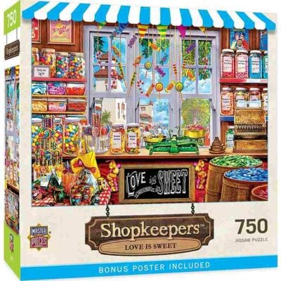 Love is Sweet palapeli 750 palaa on MasterPiecen Shopkeepers-sarjan kauppapalapeli. Kuvitus Steve Crisp