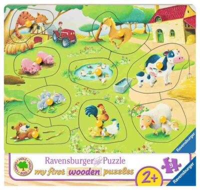 Nuppipalapeli Maatilan eläimet 9 palaa (Animal Farm -palapeli) on lasten värikäs puupalapeli ja ensipeli. Ravensburger