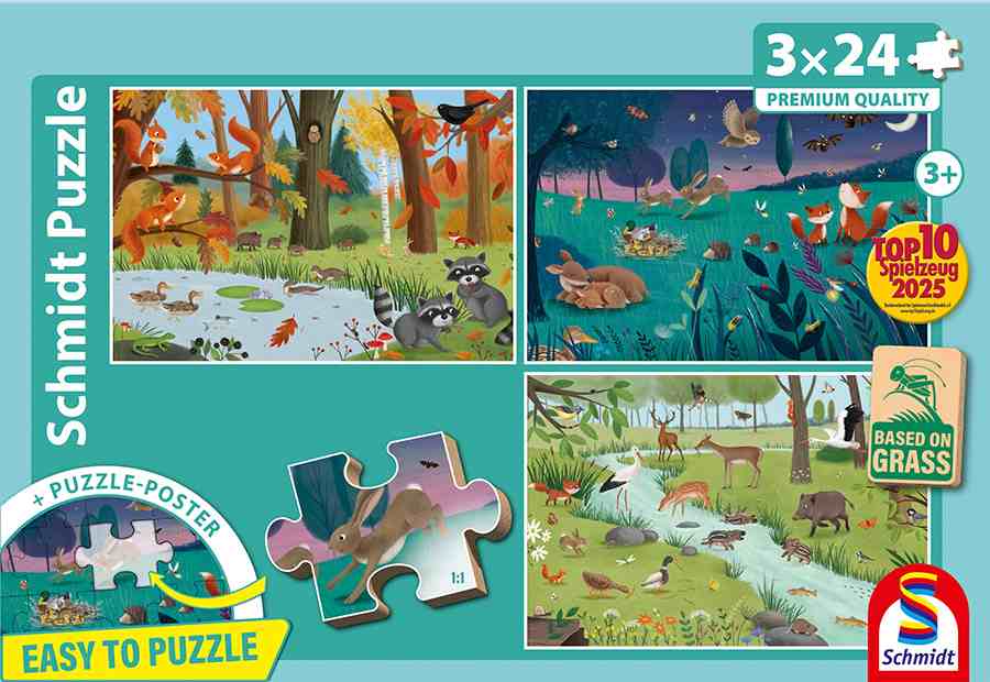 Forest and meadow animals lasten palapelit 3x24 palaa sisältää kolme palapeliä, joissa kussakin Lucy Barnardin kuvittamia villieläimiä.