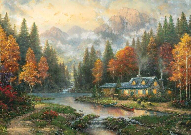 Evening at Autumn lake palapeli 1000 palaa on Nanette Kinkaden (Thomas Kinkade Studios) kuvittama maisemapalapeli.