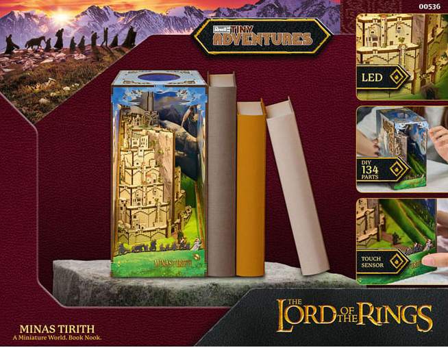 Revellen 3D The Lord of the Rings Minas Tirith on kirjahyllyyn kirjojen väliin asetettava kirjan kokoinen pienoismaailma.