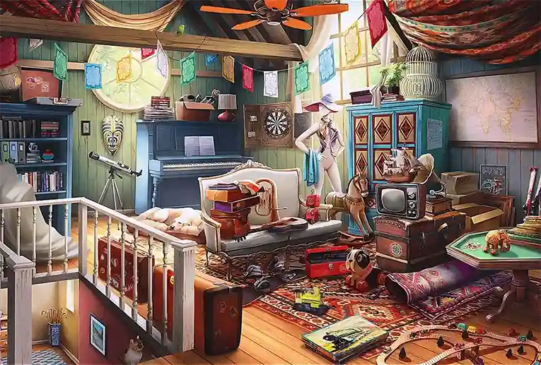 Treasures in the Attic puinen palapeli 500+1 palaa, Trefl'n Wooden puzzle -puupalapelien sarjaa.