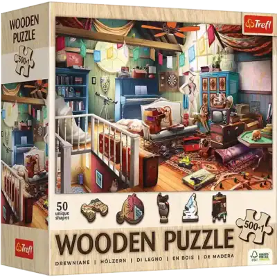 Treasures in the Attic puinen palapeli 500+1 palaa, Trefl'n Wooden puzzle -puupalapelien sarjaa.