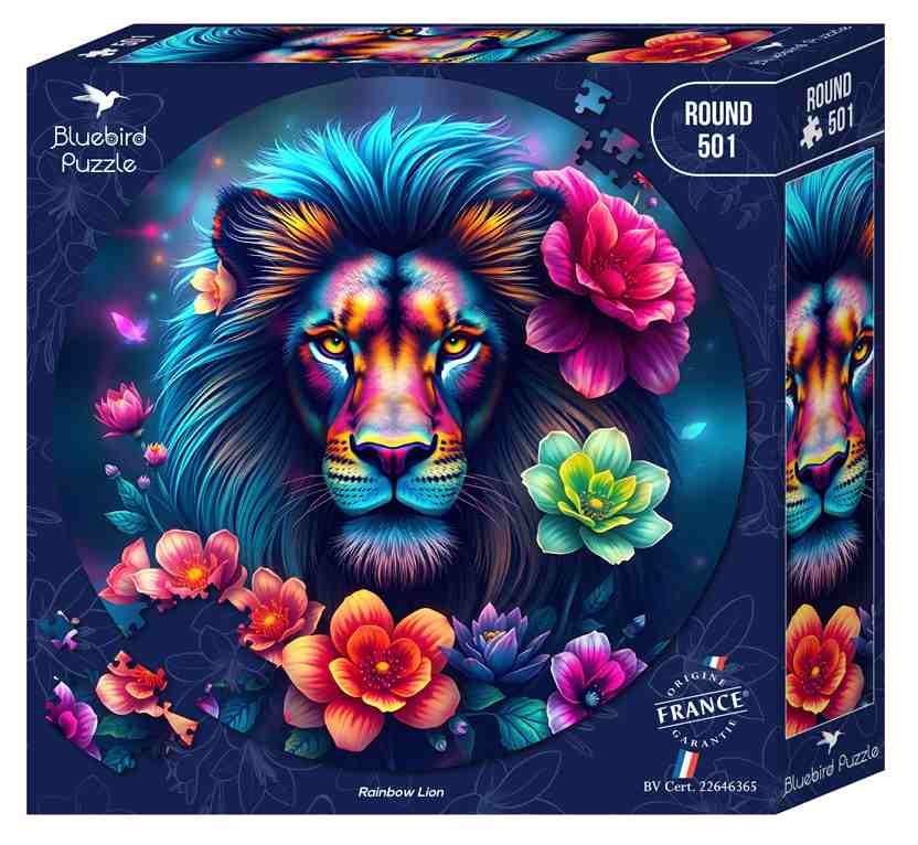 Rainbow Lion 500 palan pyöreä palapeli on näyttävä ja värikylläinen palapeli, jossa majesteettinen leijona