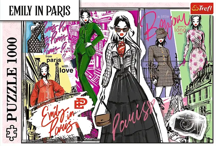 Emily in Paris Fashion Inspirations palapeli 1000 palaa koostuu luonnosmaisista muotikuvista, joissa Emily on mallina.