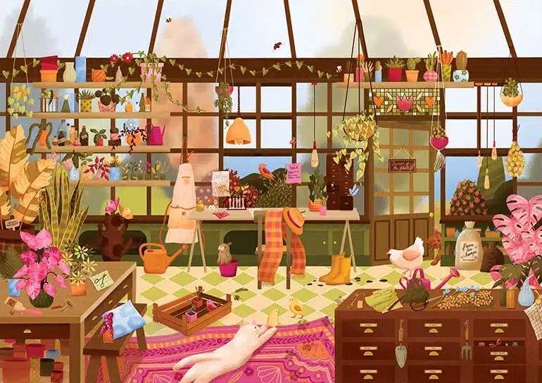 Trevell In the Greenhouse on 1000 palan palapeli, joka kutsuu astumaan sisään vehreään kasvihuoneeseen. Kuvitus: Marion Brouillon