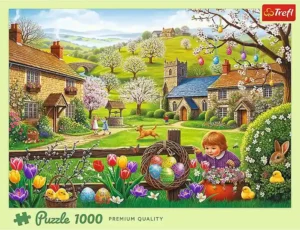 Easter Egg Hunt palapeli vie keskelle värikästä kevätpäivää: lapset etsivät pääsiäismunia, kevätaiheinen pääsiäi palapeli